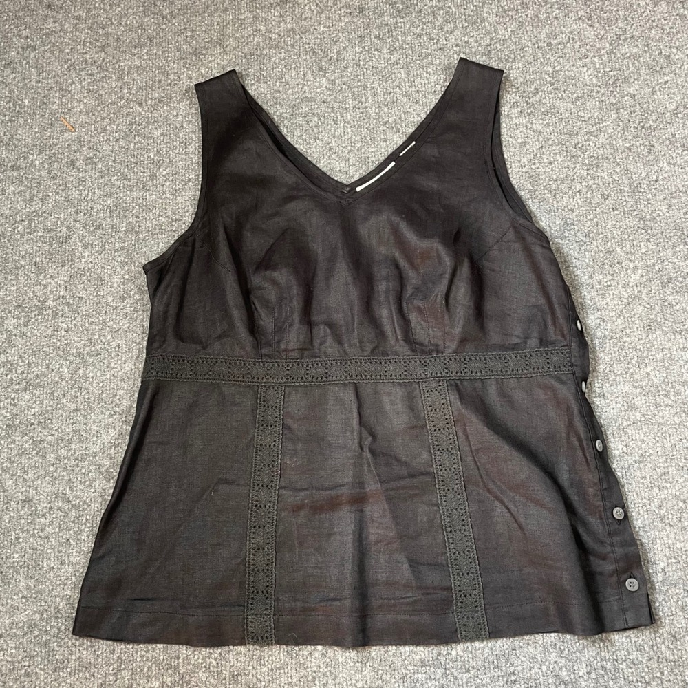 Liz Claiborne Linen Tank Top Womens Large Black Lace Side Button V-Neck Empire